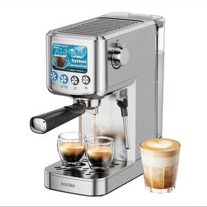 Silver Espresso Machine with Dual Glasses